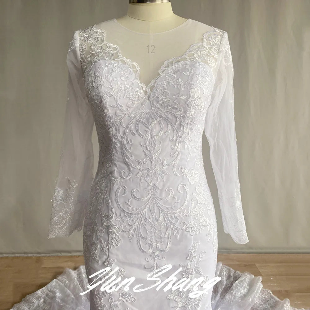 Gorgeous Lace Long Sleeve Mermaid Wedding Dresses Tulle Bridal Gown For Women Cathedral Train V-Neck Appliques Button Back-payinti