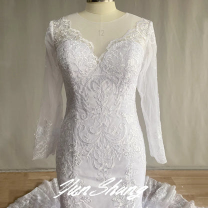 Gorgeous Lace Long Sleeve Mermaid Wedding Dresses Tulle Bridal Gown For Women Cathedral Train V-Neck Appliques Button Back-payinti