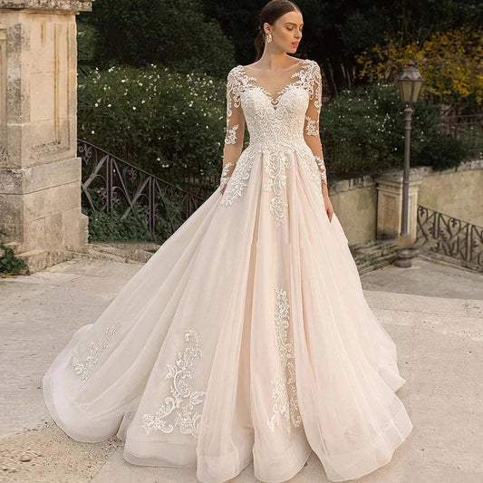Gorgeous Lace Wedding Dresses Long Sleeve Women's Elegant Tulle Sticker Floral Champagne Bridal Gowns Princess Formal Party Robe-payinti