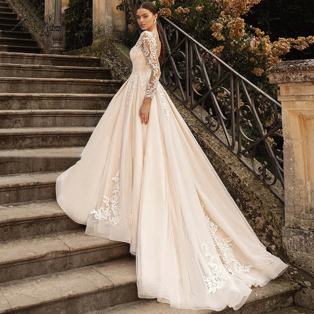 Gorgeous Lace Wedding Dresses Long Sleeve Women's Elegant Tulle Sticker Floral Champagne Bridal Gowns Princess Formal Party Robe-payinti