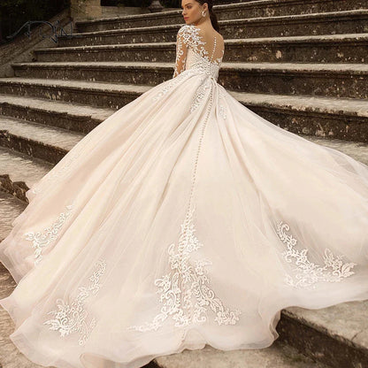 Gorgeous Lace Wedding Dresses Long Sleeve Women's Elegant Tulle Sticker Floral Champagne Bridal Gowns Princess Formal Party Robe-payinti