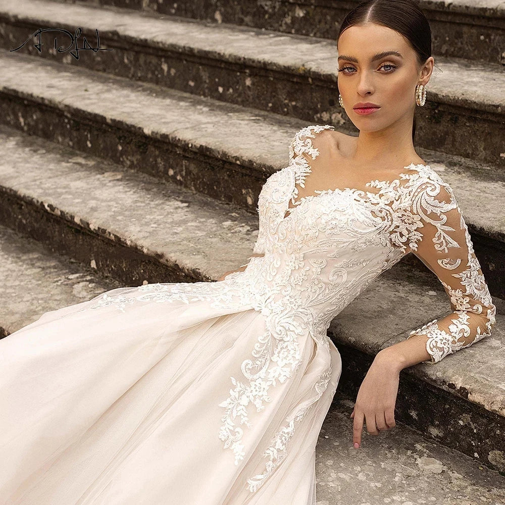 Gorgeous Lace Wedding Dresses Long Sleeve Women's Elegant Tulle Sticker Floral Champagne Bridal Gowns Princess Formal Party Robe-payinti