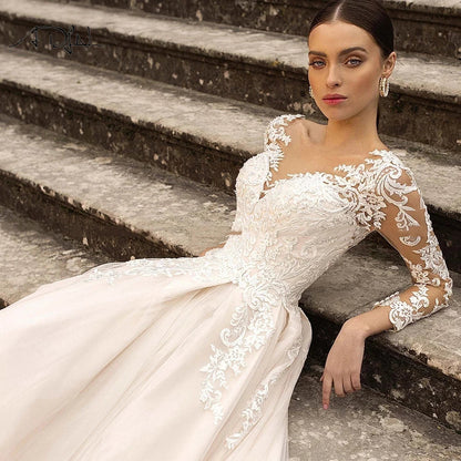 Gorgeous Lace Wedding Dresses Long Sleeve Women's Elegant Tulle Sticker Floral Champagne Bridal Gowns Princess Formal Party Robe-payinti