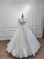 Gorgeous Long Ball Gown V-neck Glitter Sequins Wedding Dresses with Sleeves