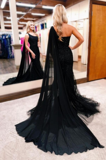 Hermoso vestido de fiesta largo negro de sirena con un solo hombro y brillo con encaje