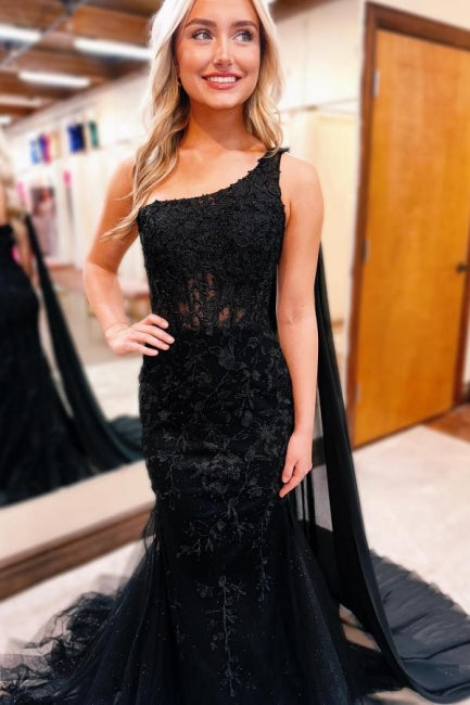 Hermoso vestido de fiesta largo negro de sirena con un solo hombro y brillo con encaje