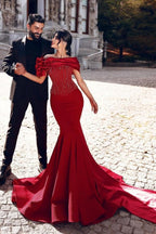 Hermosos vestidos de fiesta largos de sirena roja con hombros descubiertos, lentejuelas y cuentas con encaje