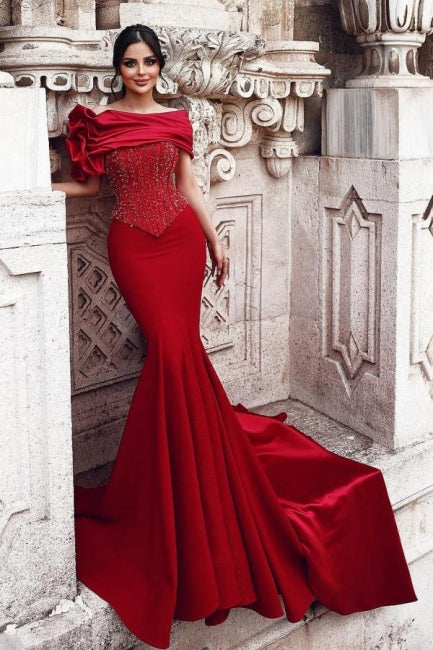 Wunderschönes langes rotes Meerjungfrau-Ballkleid mit schulterfreiem, mit Pailletten und Perlen verziertem Spitzendekolleté