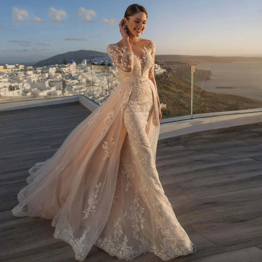 Gorgeous Long Sleeve Lace Mermaid Wedding Dresses Luxury Appliques Button Removable Train Horn Bridal Gowns Robe De Mariée-payinti