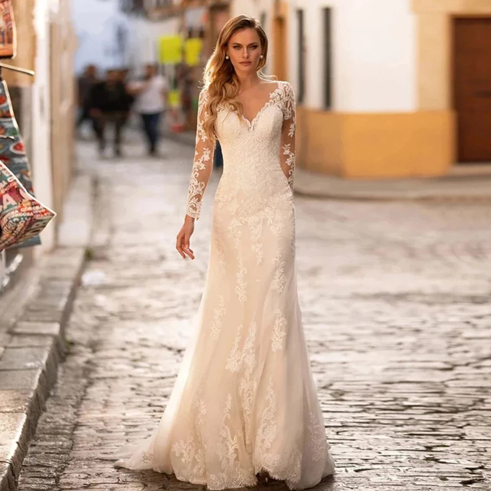 Gorgeous Long Sleeve Lace Mermaid Wedding Dresses V-Neck Tulle Bridal Gowns For With For Women Made Robe De Mariee Vestido-payinti