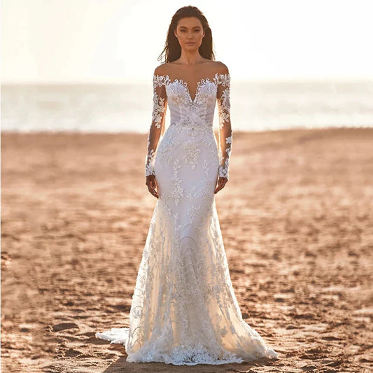 Gorgeous Long Sleeve Women's Wedding Dresses Elegant Lace Applique Off Shoulder Bridal Dress Mermaid Formal Beach Button Robe De-payinti