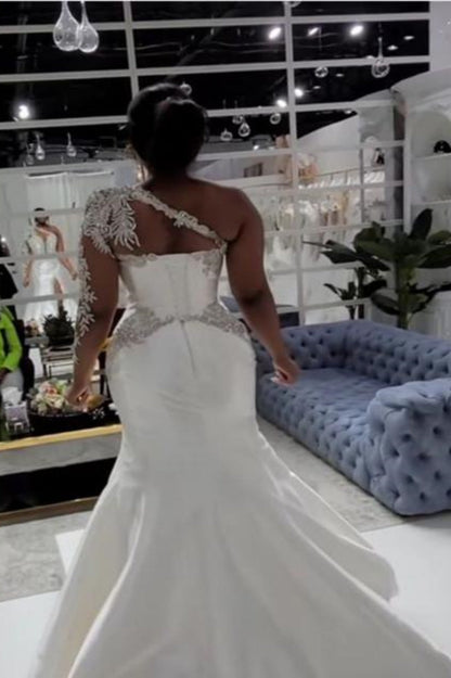 Gorgeous Long A-line Satin One Shoulder Beading Appliques Lace Wedding Dress with Slit