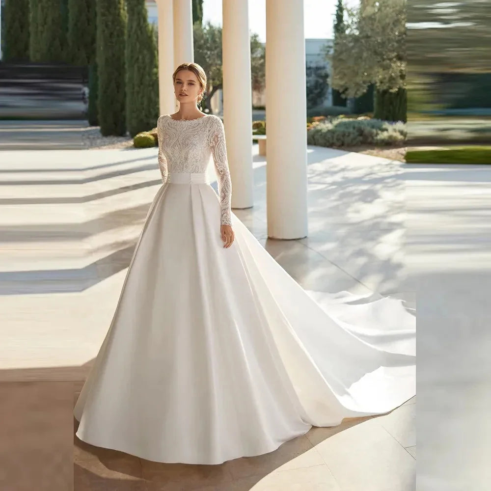 Gorgeous Satin Fascinating Wedding Dresses Beautiful Long Sleeve Simple Elegant Bridal Gowns Sexy Exquisite Lace Appliqued Robe-payinti