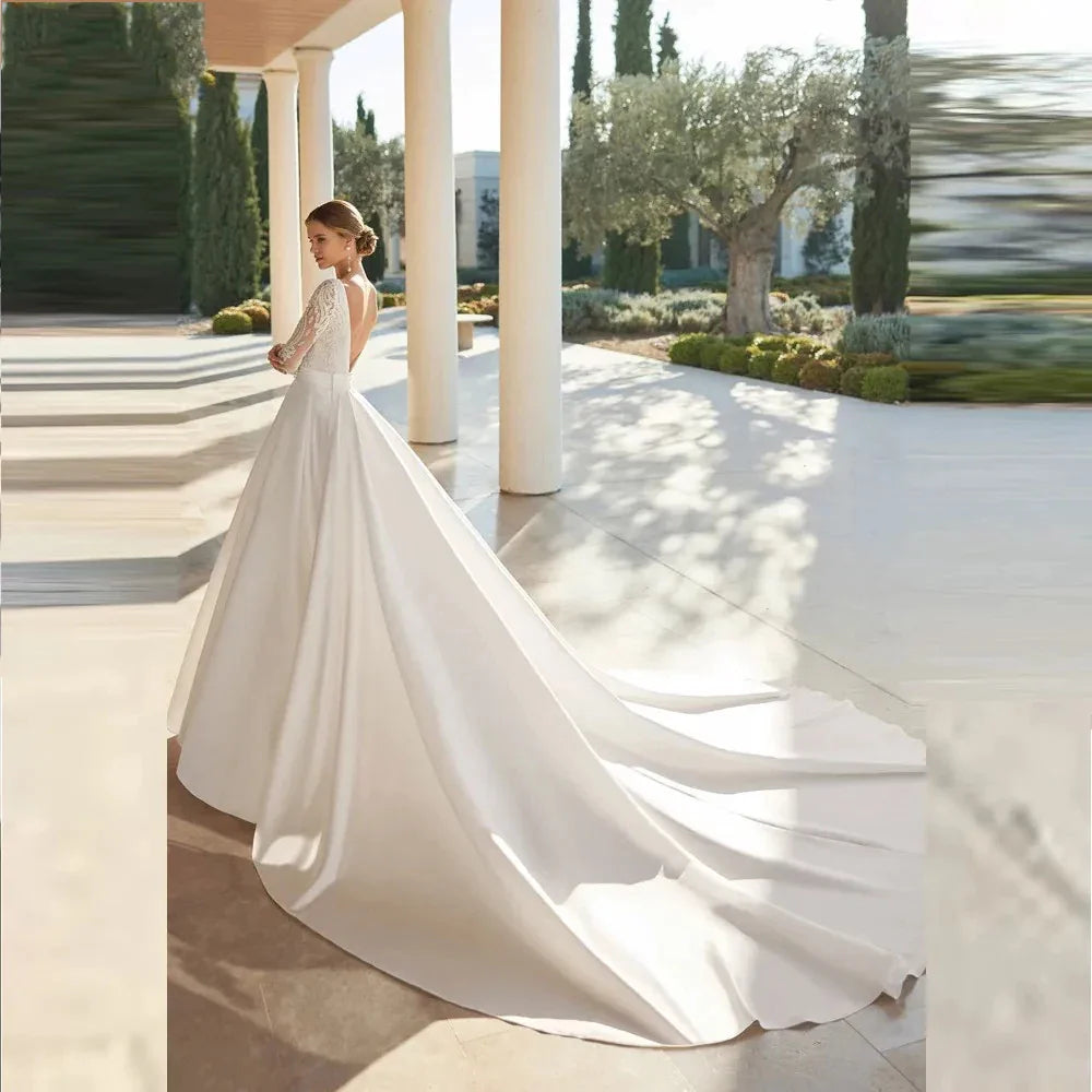 Gorgeous Satin Fascinating Wedding Dresses Beautiful Long Sleeve Simple Elegant Bridal Gowns Sexy Exquisite Lace Appliqued Robe-payinti