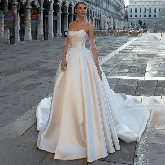 Gorgeous Satin Modern Wedding Dresses Elegant Off Shoulder Sleeveless Train Floor-Length Fluffy Princess Style Bride Gowns 2023-payinti