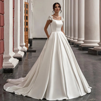 Gorgeous Satin Wedding Dresses Cap Sleeve Scoop Neck Flowers Court Train A Line Princess Bridal Gowns With Pockets Vestidos De-payinti