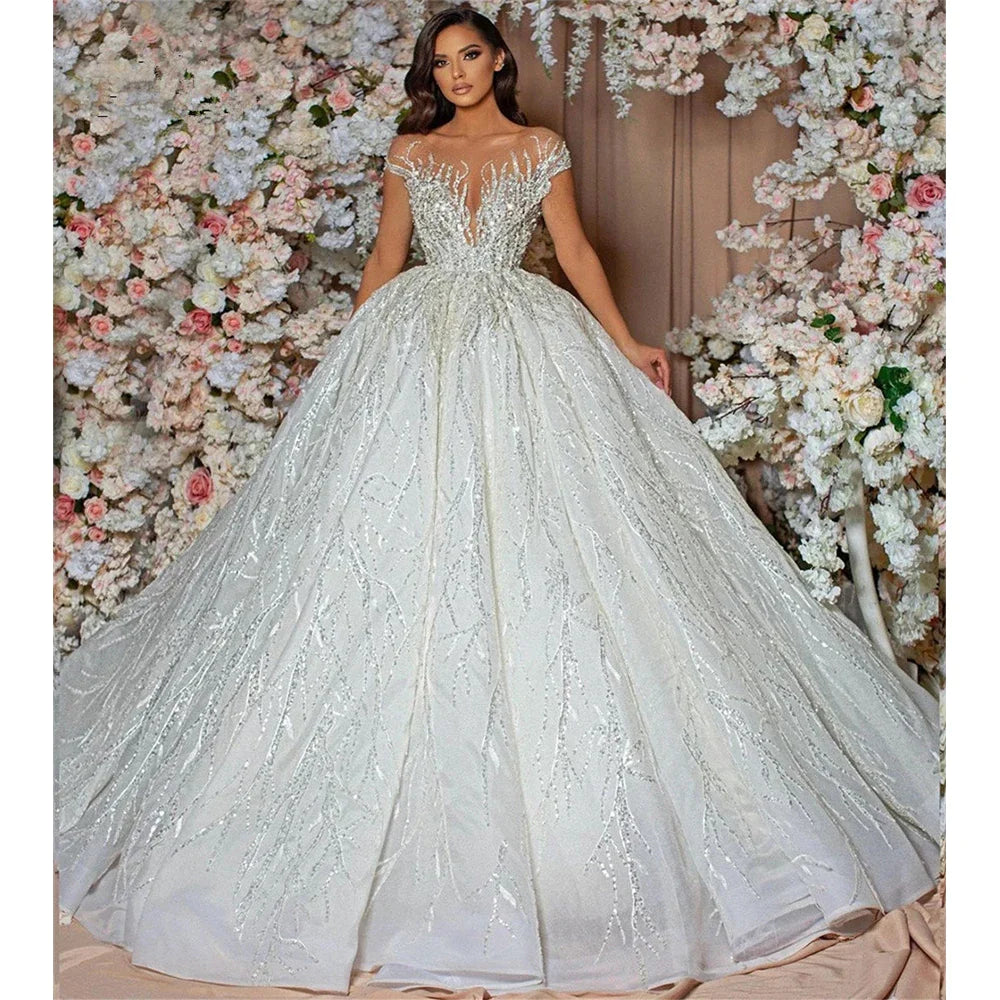 Gorgeous Sequins Ball Wedding Dresses Sweetheart Short Sleeves Lace Floor Length Custom Made Bridal Gowns Robe De Mariee 2023-payinti
