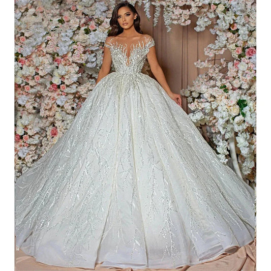 Gorgeous Sequins Ball Wedding Dresses Sweetheart Short Sleeves Lace Floor Length Custom Made Bridal Gowns Robe De Mariee 2023-payinti