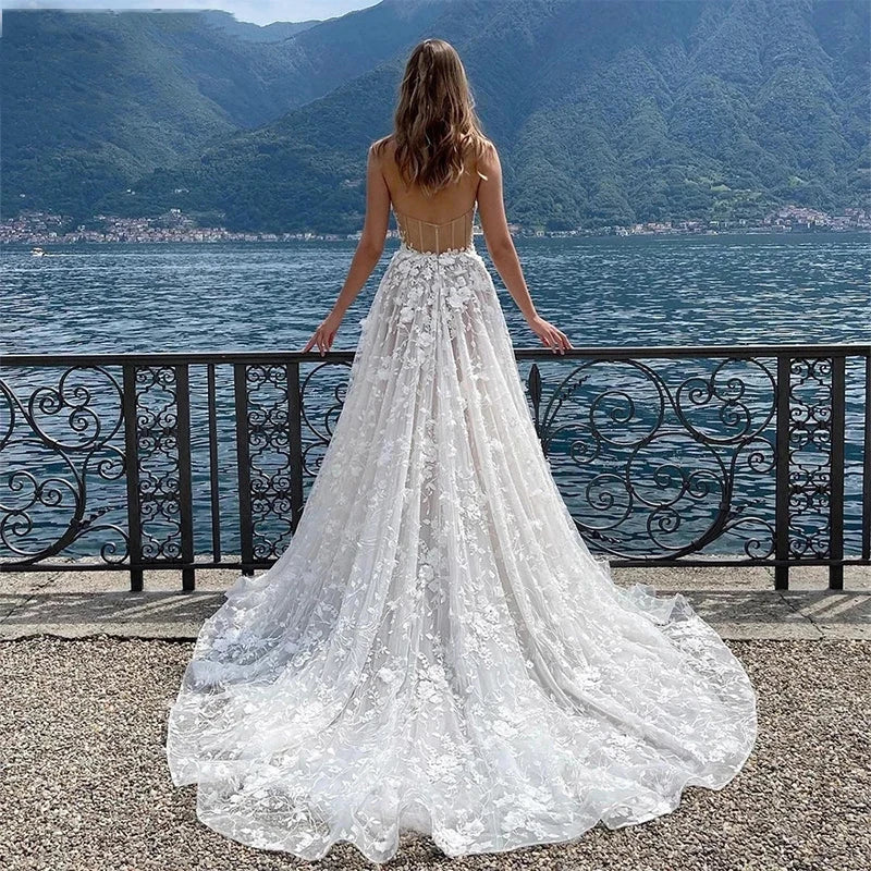 Gorgeous Sexy Off Shoulder Sleeveless High Fork Mopping Wedding Dresses With Split Beach Lace Bride Dresses Backless Custom Made-payinti