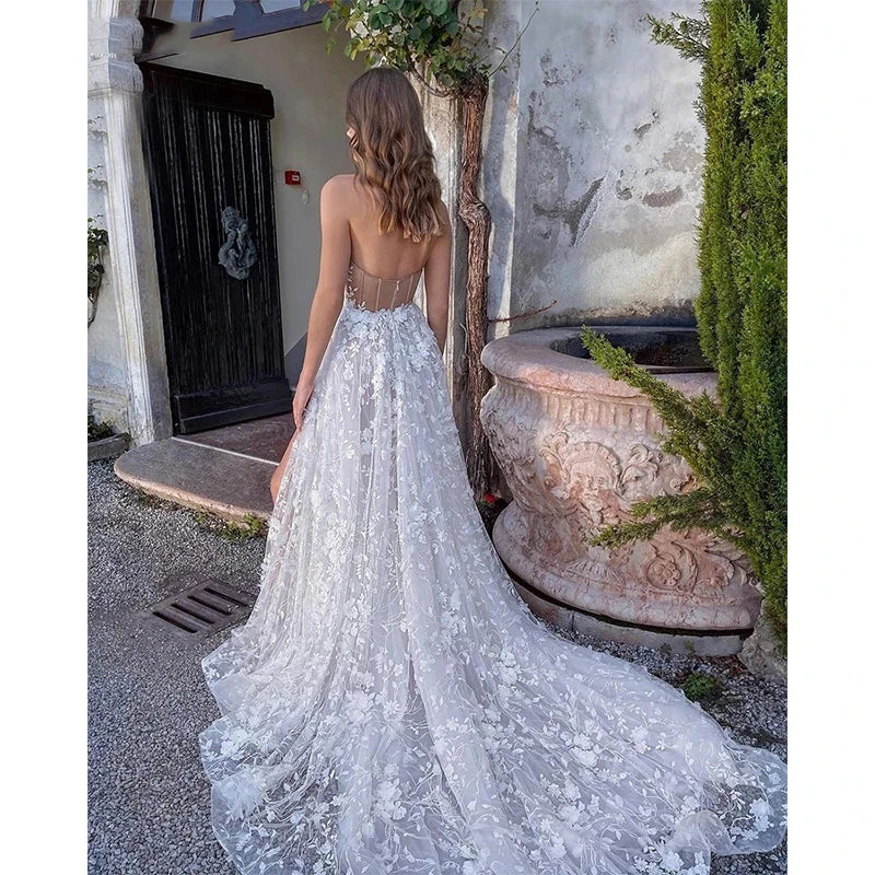 Gorgeous Sexy Off Shoulder Sleeveless High Fork Mopping Wedding Dresses With Split Beach Lace Bride Dresses Backless Custom Made-payinti