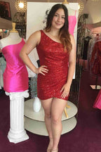 Hermoso vestido de fiesta de satén con lentejuelas, sin mangas, de un solo hombro y columna corta