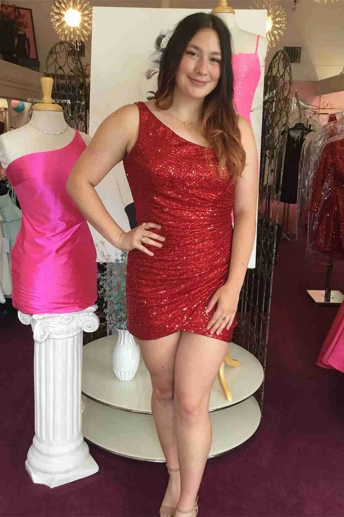 Hermoso vestido de fiesta de satén con lentejuelas, sin mangas, de un solo hombro y columna corta