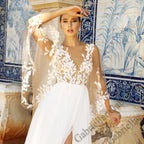 Gorgeous Slit Wedding Dresses V-neck Batwing Sleeves Appliques Court Train Wedding Gown Robe De Mariée Made To Order 2023-payinti
