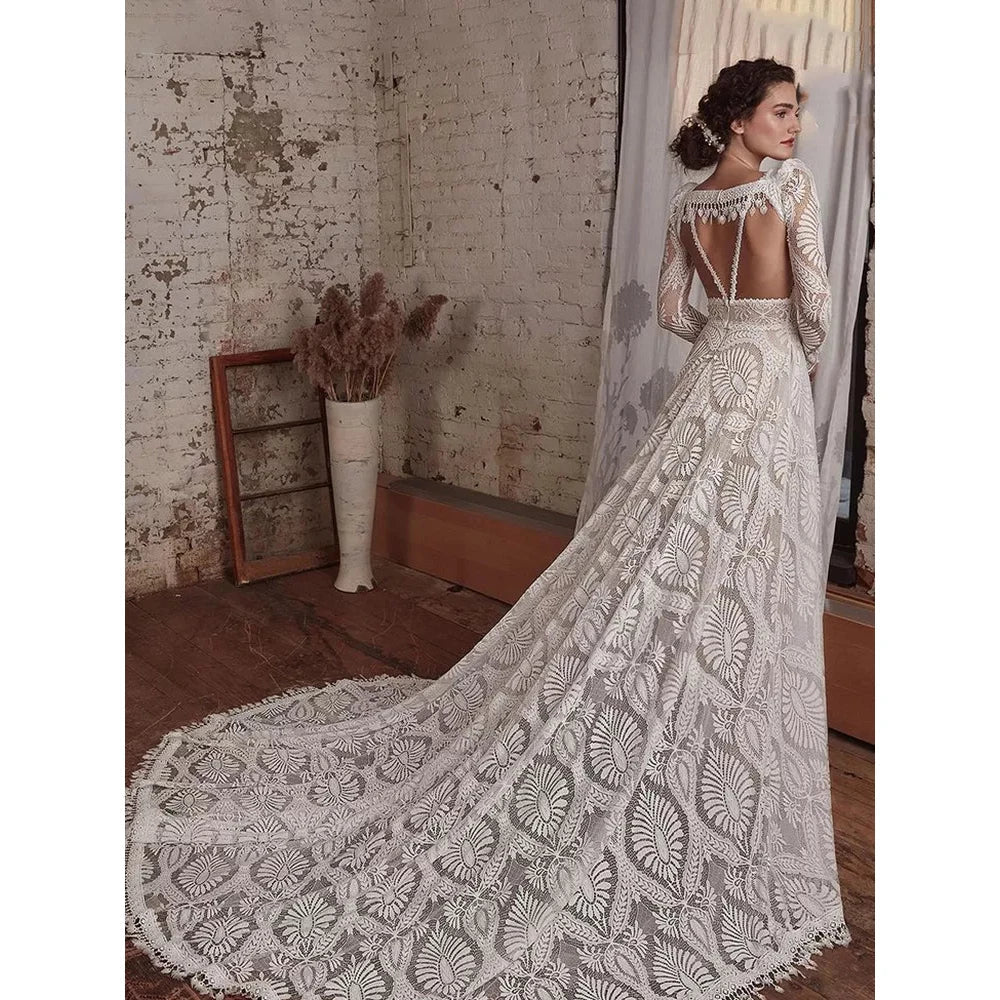 Gorgeous Spaghetti Strap Wedding Dresses Lace Bohemian Deep V-Neck Open Back Illusion Bridal Gowns свадебный наряд Robe De-payinti