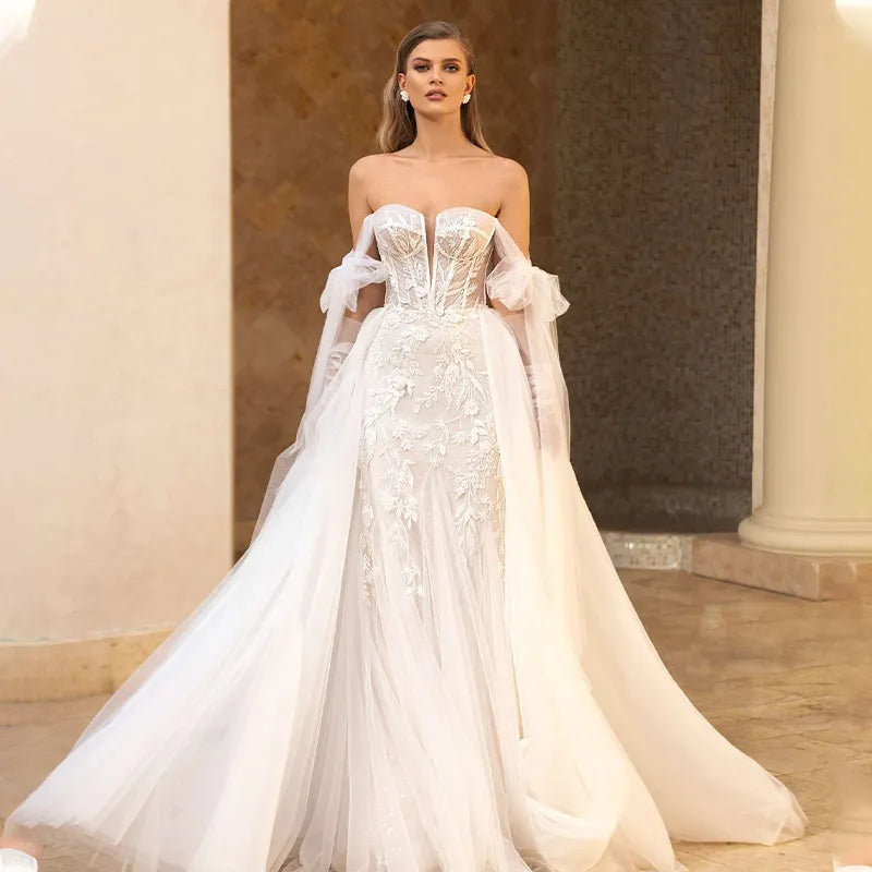 Gorgeous Strapless Detachable Train Lace Appliques V-Neck Wedding Dress Elegant Floral Pattern Tulle Robe De Mariée-payinti