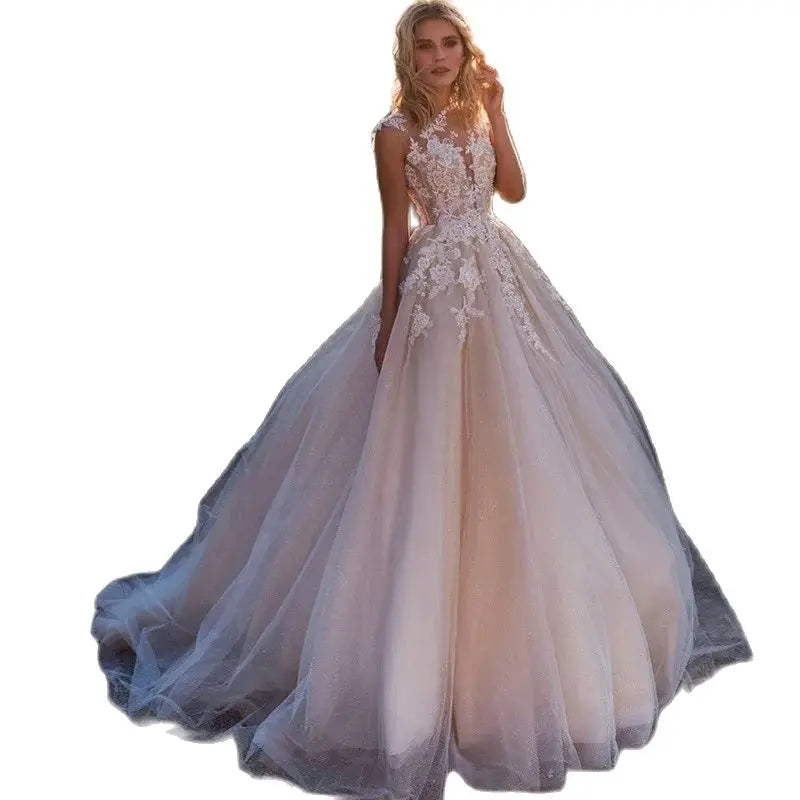Gorgeous White Tulle O-Neck Sleeveless Decal Luxury Pearl Embroidery Button A-line Floor-Length Bridal Ball Dress-payinti