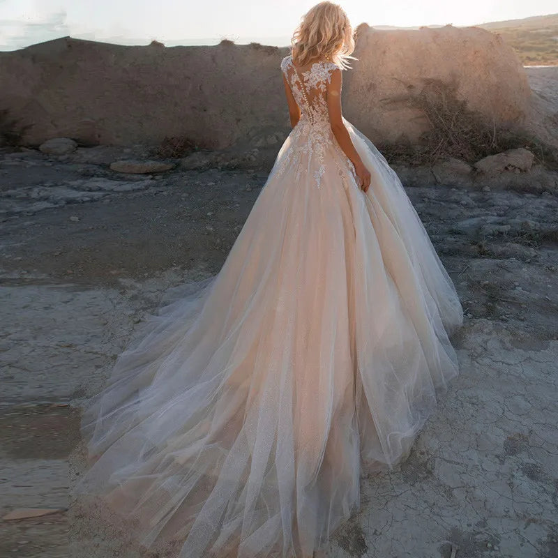 Gorgeous White Tulle O-Neck Sleeveless Decal Luxury Pearl Embroidery Button A-line Floor-Length Bridal Ball Dress-payinti