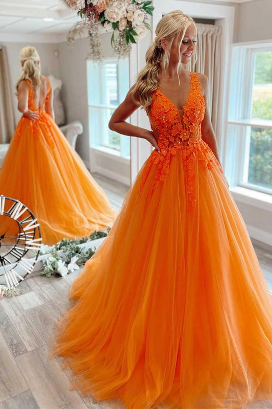 Wunderschönes langes Ballkleid aus Tüll mit V-Ausschnitt in Orange, Blumenmuster, PSK360