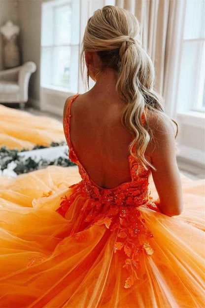 Wunderschönes langes Ballkleid aus Tüll mit V-Ausschnitt in Orange, Blumenmuster, PSK360