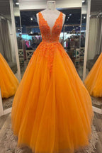 Precioso vestido de fiesta largo de tul con flores y escote en V naranja PSK360
