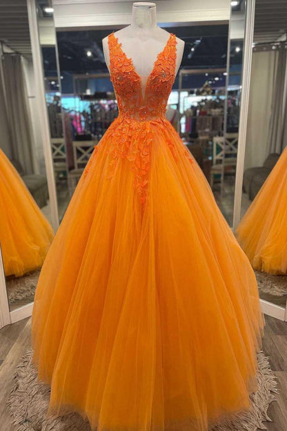 Wunderschönes langes Ballkleid aus Tüll mit V-Ausschnitt in Orange, Blumenmuster, PSK360