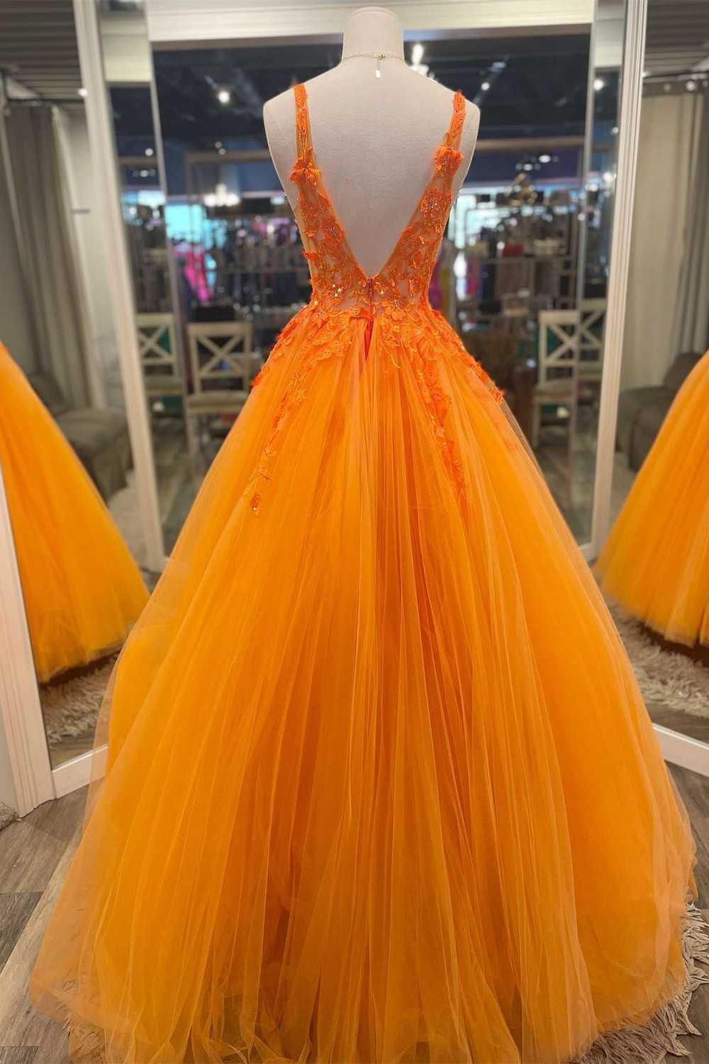 Wunderschönes langes Ballkleid aus Tüll mit V-Ausschnitt in Orange, Blumenmuster, PSK360