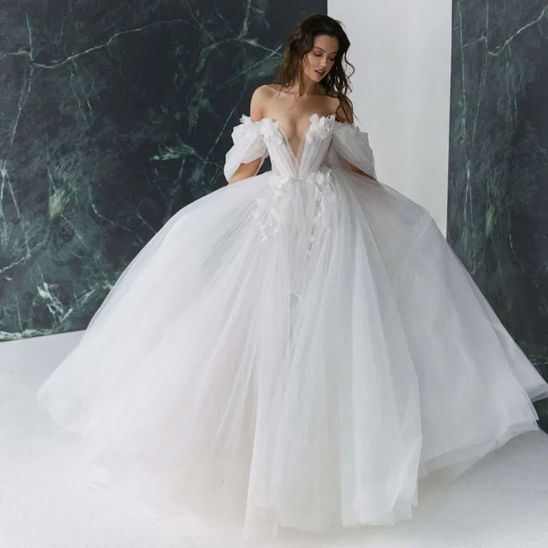Graceful Hot Sale 3D FlowerWedding Dresses with Detachable Sleeves Wedding Gowns Sweetheart Bridal Dresses Open Back Appliqued-payinti