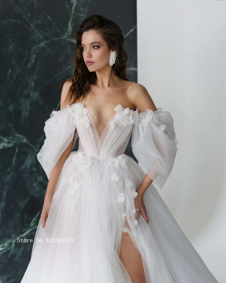 Graceful Hot Sale 3D FlowerWedding Dresses with Detachable Sleeves Wedding Gowns Sweetheart Bridal Dresses Open Back Appliqued-payinti
