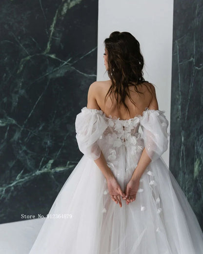 Graceful Hot Sale 3D FlowerWedding Dresses with Detachable Sleeves Wedding Gowns Sweetheart Bridal Dresses Open Back Appliqued-payinti