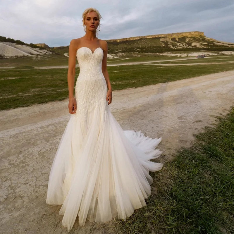 Graceful Sweetheart Wedding Dresses For Women Mermaid Strapless Beach Sequins Bridal Gown Sleeveless Court Train Robe De Mariée-payinti