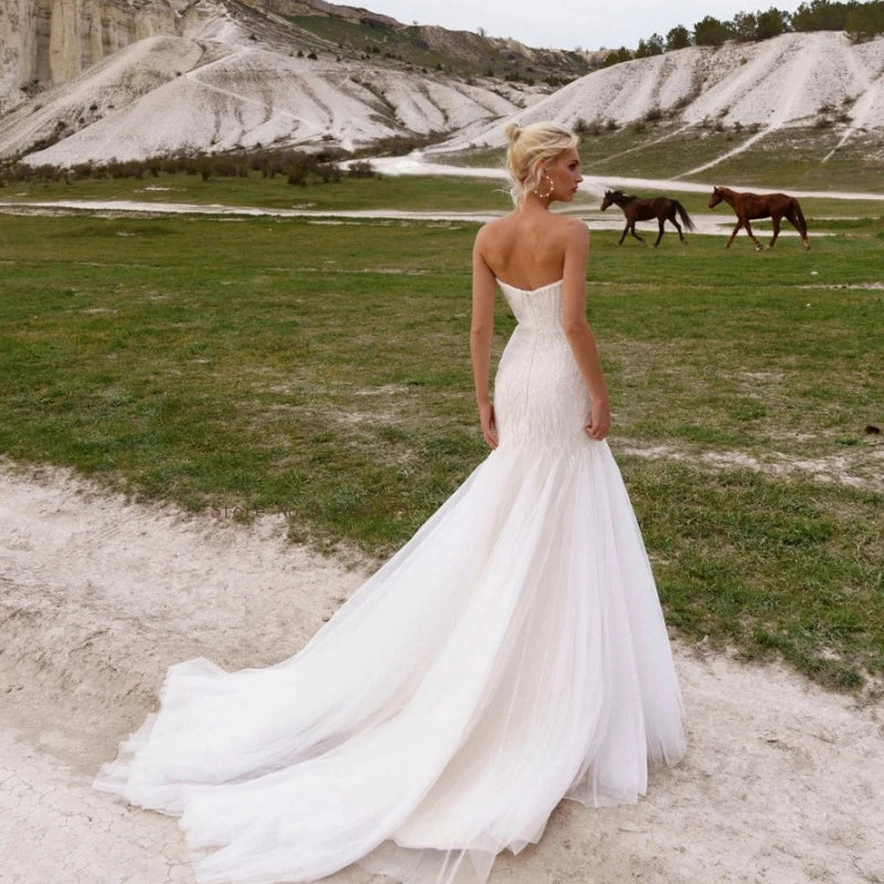 Graceful Sweetheart Wedding Dresses For Women Mermaid Strapless Beach Sequins Bridal Gown Sleeveless Court Train Robe De Mariée-payinti