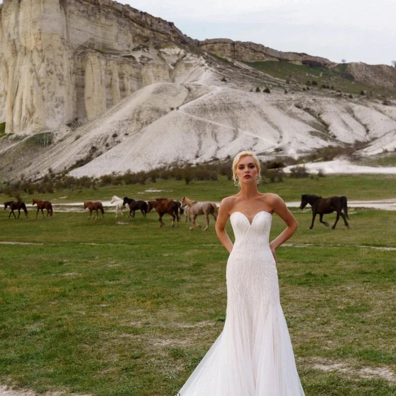 Graceful Sweetheart Wedding Dresses For Women Mermaid Strapless Beach Sequins Bridal Gown Sleeveless Court Train Robe De Mariée-payinti