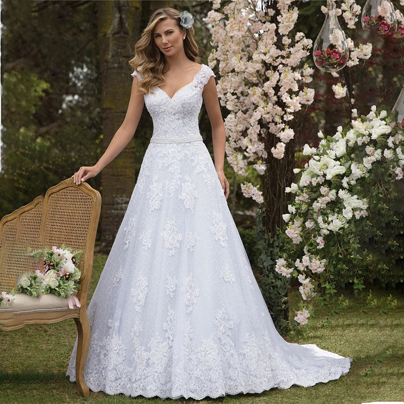 Graceful Tulle & Lace V-neck Neckline A-line Wedding Dresses With Appliques & Beadings Sash Bridal Grown Vestido De-payinti