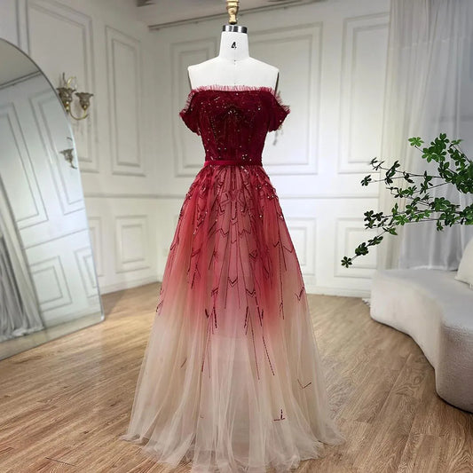 Allmähliche Veränderung Rot A-Linie Sexy Abendkleider 2025 Perlen Pailletten Boot-Ausschnitt Abendkleid Design LA70516 
