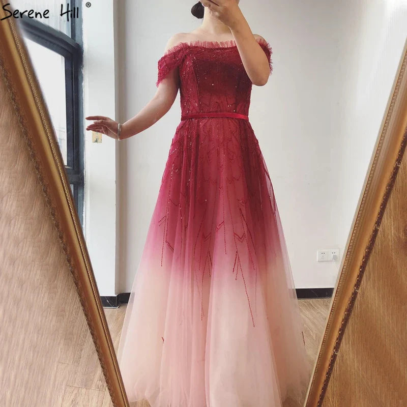 Allmähliche Veränderung Rot A-Linie Sexy Abendkleider 2025 Perlen Pailletten Boot-Ausschnitt Abendkleid Design LA70516 