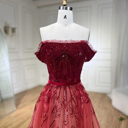 Allmähliche Veränderung Rot A-Linie Sexy Abendkleider 2025 Perlen Pailletten Boot-Ausschnitt Abendkleid Design LA70516 