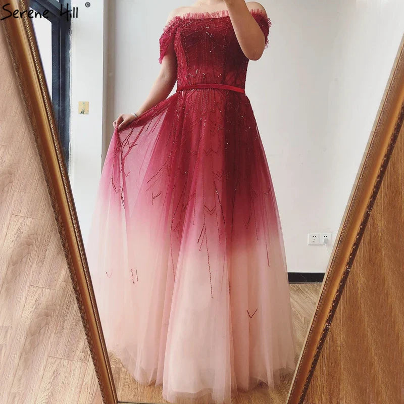Allmähliche Veränderung Rot A-Linie Sexy Abendkleider 2025 Perlen Pailletten Boot-Ausschnitt Abendkleid Design LA70516 