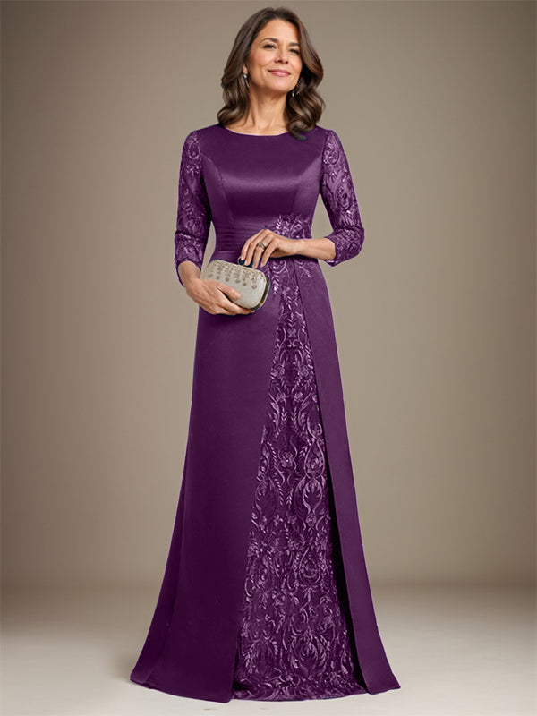 Vestido de madre de la novia de satén con encaje, corte A, largo hasta el suelo y apliques