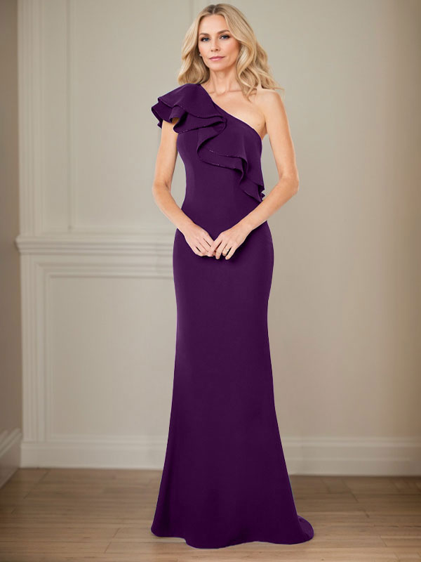 A-Linie One-Shoulder-Bodenlanges Chiffon-Kleid für die Brautmutter mit Rüschen 