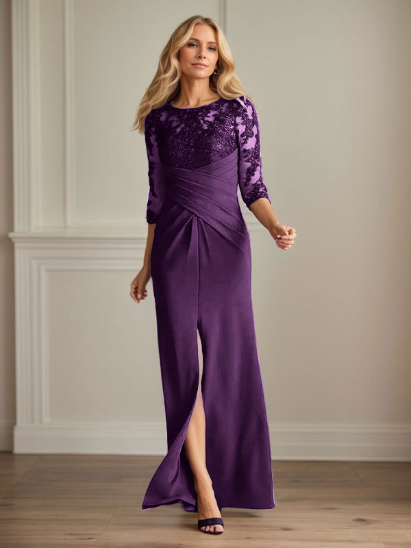 Vestido para madre de la novia de crepé elástico con encaje color ciruela